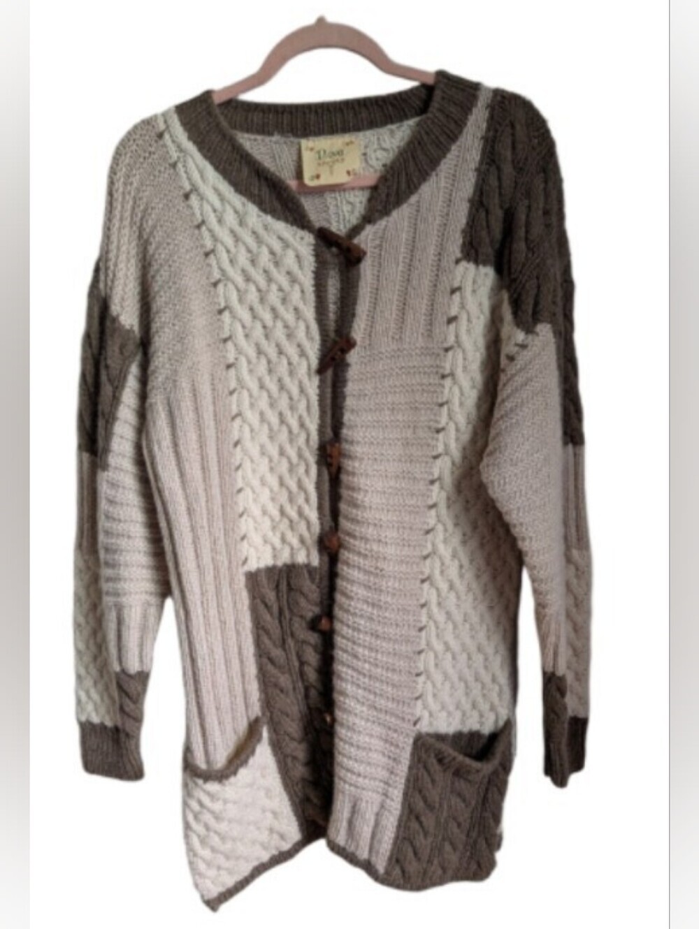HANDMADE Cozy Neutrals Cream & Brown Patchwork Cable Knit Sweater Cardigan Large